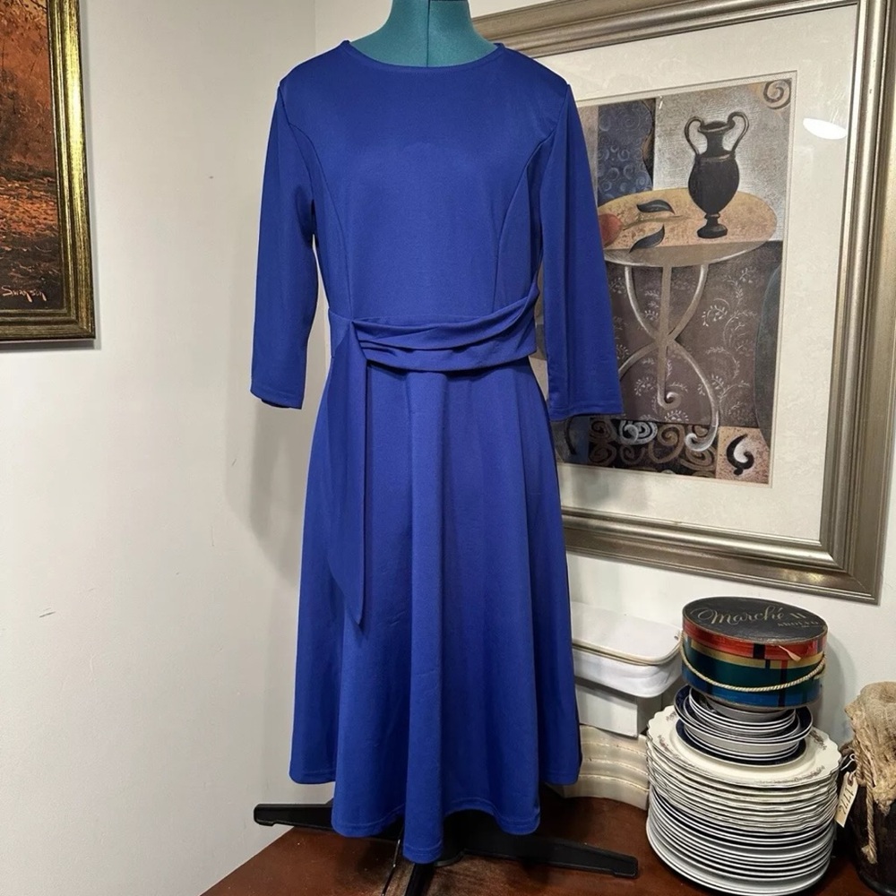Fenjar Women’s Navy Blue 3/4 Sleeve A-Line Stretch Knit Dress Size Large